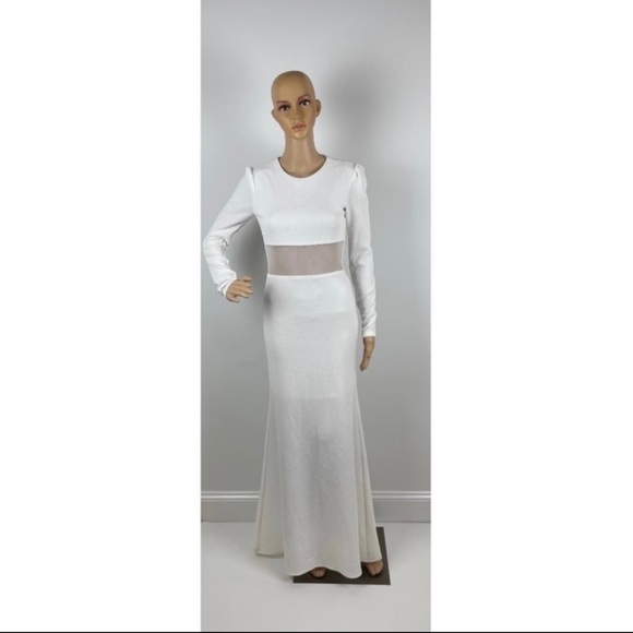 Long Sleeve Mesh  Cutout Women’s White Maxi Dress - Picture 8 of 8